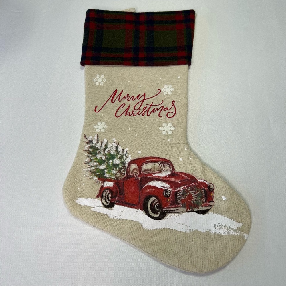 Red Truck Christmas Stocking plaid collar canvas with stitched Merry Christmas - Picture 2 of 8